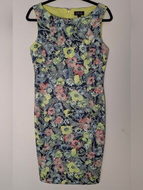 Tahari Sleeveless Sheath Blue/Yellow/Pink Floral Mini Dress Lined Size 6 EUC